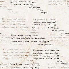 Vector seamless pattern with a hand-written Latin text on the old dirty paper. Lorem Ipsum