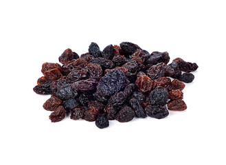 Pile of raisins on white background.