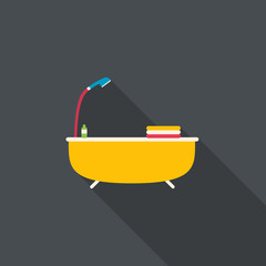 Bath with shower and towels. Flat design with long shadow. Vector illustration.