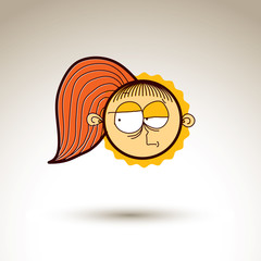 Vector graphic art drawing of kid face, hand drawn cute girl wit