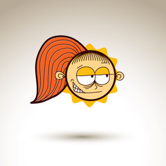 Vector hand drawn doubtful girl with fashionable hairdo. Facial