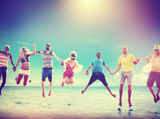 Fototapeta premium Diverse Beach Summer Friends Fun Jump Shot Concept