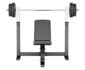 gym adjustable weight bench with barbell isolated on white backg