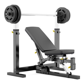 Gym Adjustable Weight Bench With Barbell Isolated On White Backg