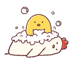 ニワトリを洗うヒヨコ © TAMAGO POTATO