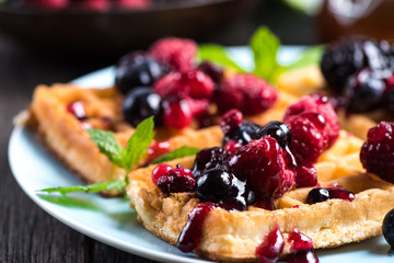 summer breakfast, belgian waffles with fresh fruits
