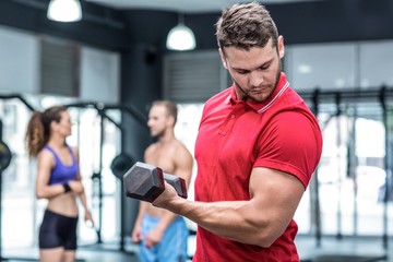 Fototapeta na wymiar Muscular trainer lifting a dumbbell 