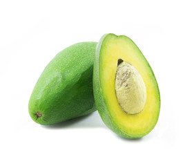 One and half avocado on white background