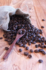 linen bag with coffee beans, a spoon and oriental teapot