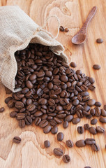 linen bag with coffee beans, a spoon and oriental teapot