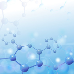 Molecule illustration over blue background with copyspace for