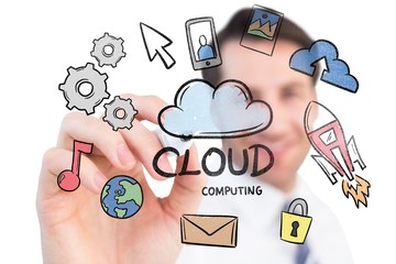 Composite image of smiling businessman writing with black marker