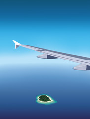 View of beautiful island from window of airplane flying over the sea