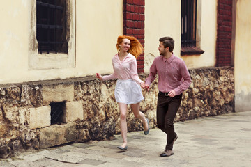 cute romantic gentle beautiful redhead stylish girl and her boyf