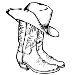 Cowboy boots and hat.Vector graphic illustration isolated - 87506979