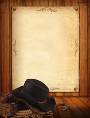 Western background with cowboy clothes and old paper for text - 87507970