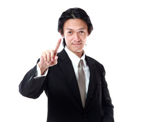 Businessman pressing business type of modern buttons on white ba