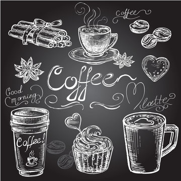 hand drawn set coffee on black Boad
