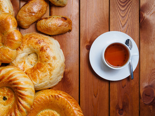 Uzbek bread with cup of tea