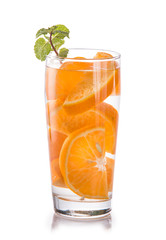 Infused fresh fruit water of orange citrus. isolated over white