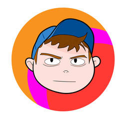 Kid With Cap (serious expression), a hand drawn vector illustration of a kid wearing blue cap with serious expression (editable).