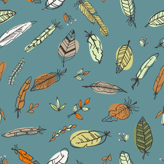 Vector seamless pattern of feathers. Doodle. Zentangle