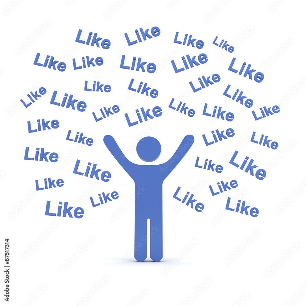 Poster very happy man celebrating arms wide open over white background with many like text words