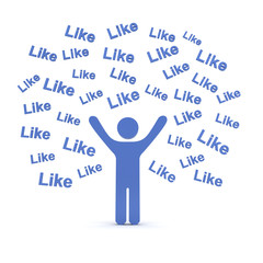 Very happy man celebrating arms wide open over white background with many like text words