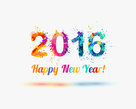 Congratulation vector card. Happy New Year 2016. Colorful watercolor splash. Holiday