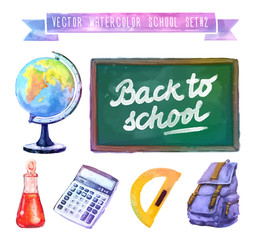 Back to school. Watercolor illustration with school supplies