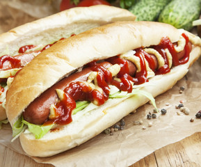 Hot-Dog Meal with Sausages, Mustard Sauce and Ketchup