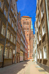 Fototapeta na wymiar Architecture of the old town in Gdansk with St. Mary Cathedral, Poland
