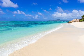 Paradise white beach on island La Digue in Seychelles - Anse Source d'Argent
