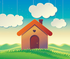 Naklejka premium House on the hill, vector illustration of a hilly landscape with a country house in cartoon style. 