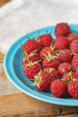 Red raspberry in blue dish and in front of white fabric on old v