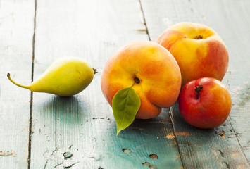 Assortment of fruits on wooden table