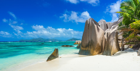 Beautiful granite rocks at beach on island La Digue in Seychelles - Anse Source d'Argent