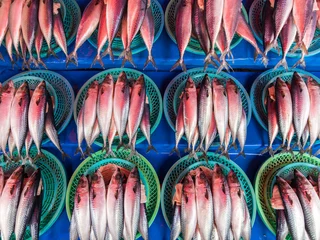 Fotobehang Rote Füsiliere auf dem Fischmarkt in Jagalchi in Busan © eyetronic