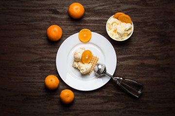 Orange ice cream with waffle and fruits on the dark wooden background