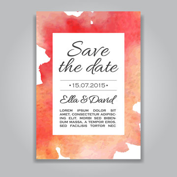 Vector wedding invitation card with watercolor background.