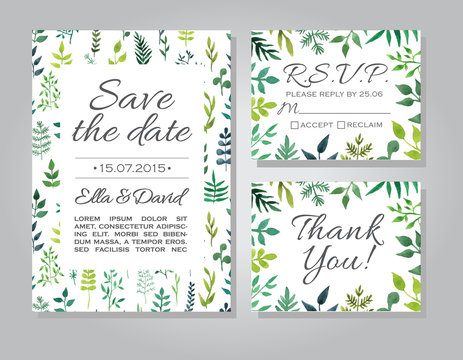 Vector wedding invitation card set with floral watercolor backgr