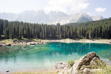 Karersee lake panorama in the Dolomites in South Tyrol, Italy