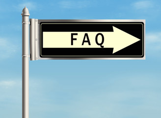 Frequently Asked Questions. Road sign on the sky background. Raster illustration.