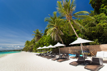 Sun umbrellas and beach chairs on tropical coast