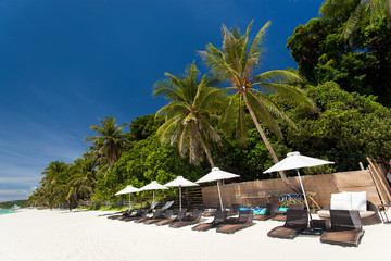 Sun umbrellas and beach chairs on tropical coast