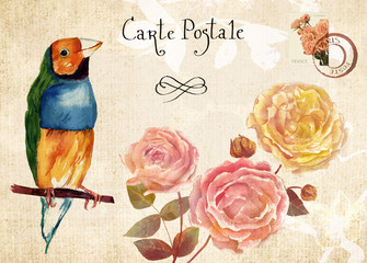 Vintage post card design template with bouquet of roses and finch
