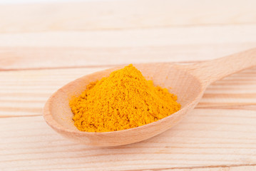 Turmeric in spoon on wooden table.