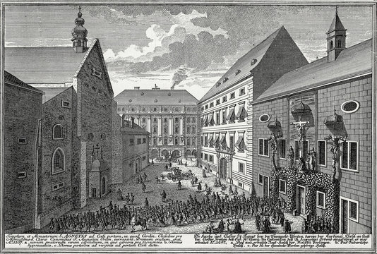 Wien, Rauhensteingasse mit Malefizspitzbubenhaus um 1730, Kupferstichvorlage