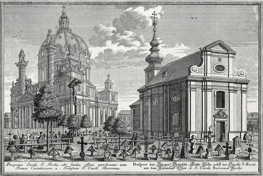 Wien, Bürgerspitalkirche mit Friedhof und Karlskirche im 18. Jh., Kupferstichvorlage