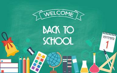 Horizontal banner, background, poster from the school and education icons. Back to school. Flat design. vector